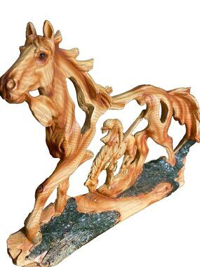 Zeckos Horse & Indian Faux Wood Carving Statue